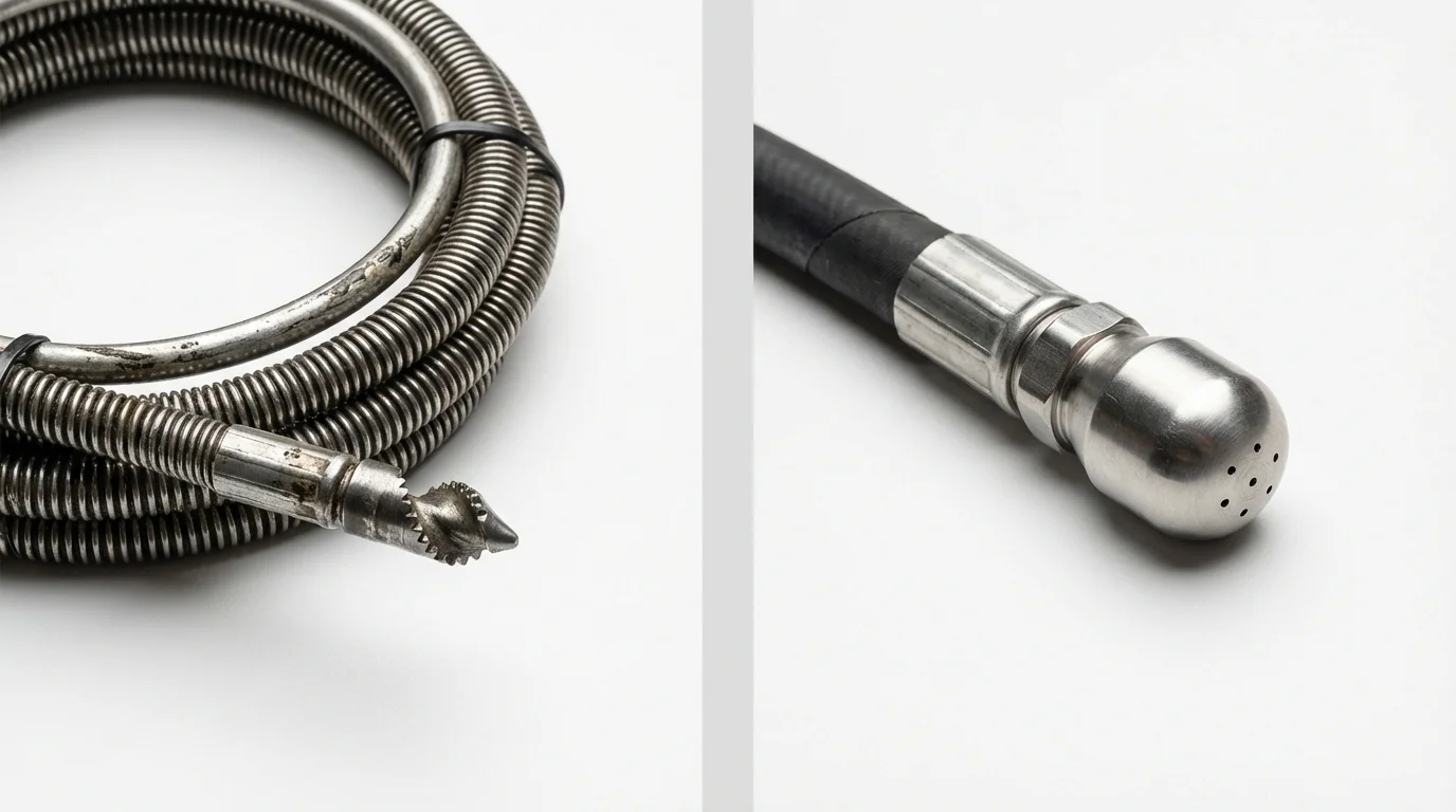 Drain snake cable and hydro jetting nozzle used for drain cleaning in Lowell, NC