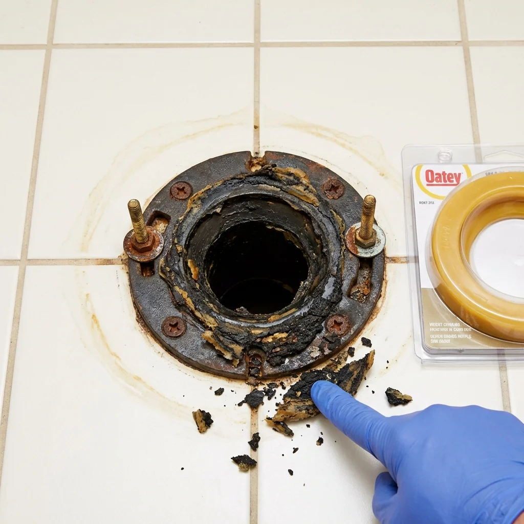 Failed wax ring showing water seepage at the base of a toilet in a Lowell, NC home